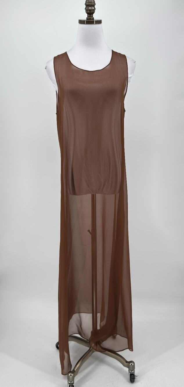 Harari Vintage Brown Silk Sheer Lightweight Maxi Overlay Tunic Dress Sz S
